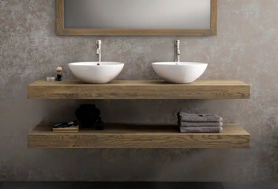 Wastischplatte Eiche mit zwei Keramik Waschbecken und Eiche Spiegel