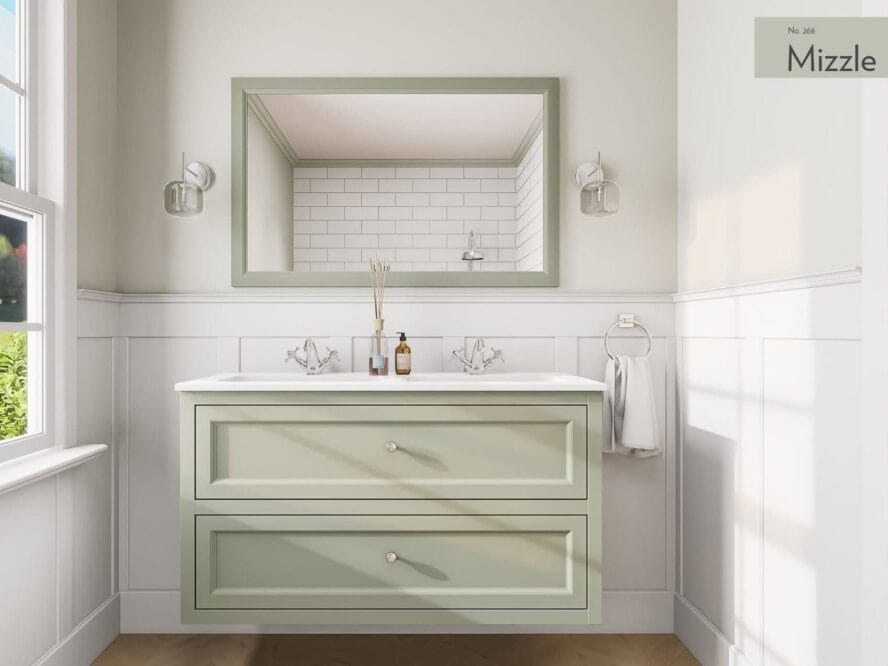 Klassisches Badmöbel 120 cm in Mizzle mit zwei Schubladen und Doppelwaschbecken – elegantes Design für das Badezimmer
