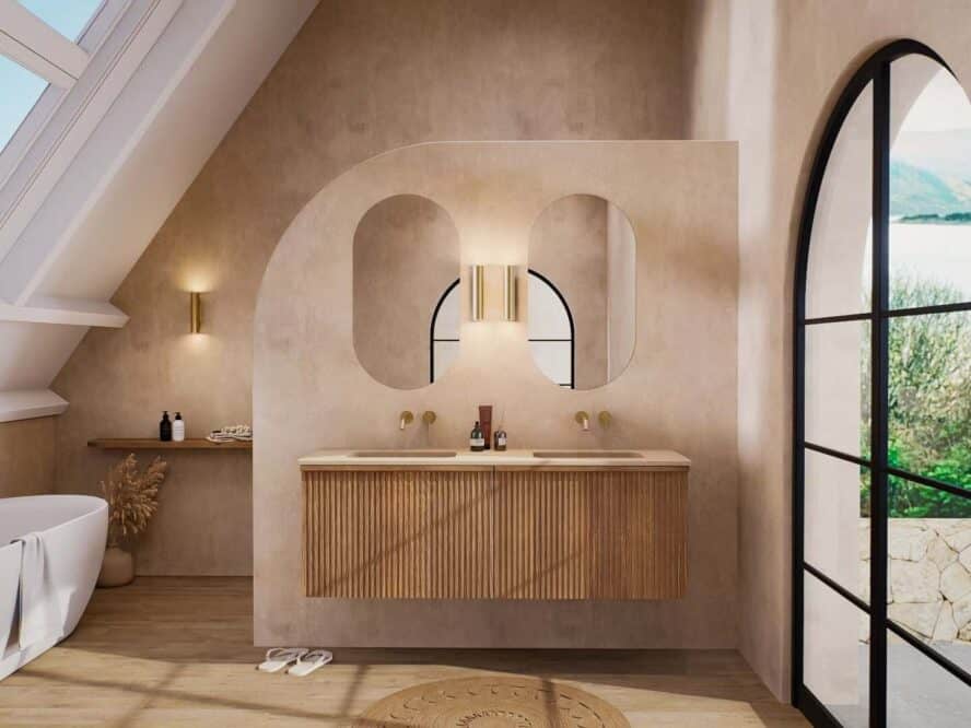 Hängendes Badmöbel 120 cm mit Rillenfront und beiger Beton-Waschtischplatte im ruhigen Badezimmer