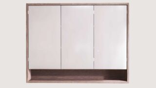 Spiegelschrank mit Regal, ausgestattet mit 2 Glasböden aus massiver, dunkler Eiche 120 cm.