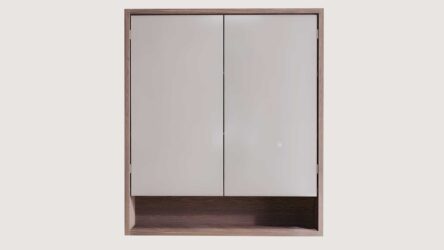 Spiegelschrank mit Regal, ausgestattet mit 2 Glasböden aus massiver, dunkler Eiche 80 cm.