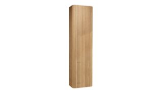 Softcube Badezimmerschrank 170 cm hoch mit abgerundeten Seiten und einer gerillten Front in Eiche natur und push-to-open Tür.
