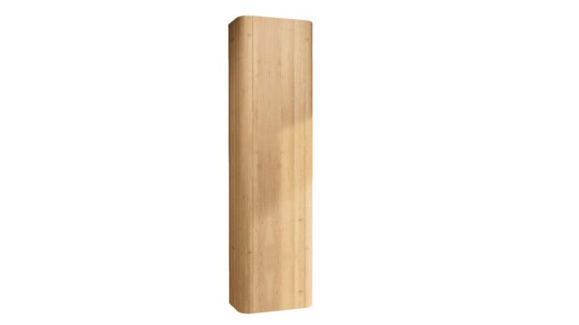 Softcube Badezimmerschrank 170 cm hoch mit abgerundeten Seiten und flacher Front in Eiche natur und push-to-open Tür.