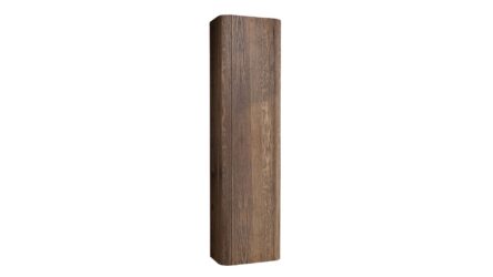 Softcube Badezimmerschrank 170 cm hoch mit abgerundeten Seiten und flacher Front in Eiche dunkel und push-to-open Tür.