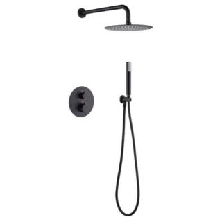 Stilvolles thermostatisches Unterputz-Duschsystem in Mattschwarz, Kopfbrause Ø25 cm und separatem Handbrausenset. Wandanschluss. Erhältlich in 6 Farben und mit 5 Jahren Garantie.