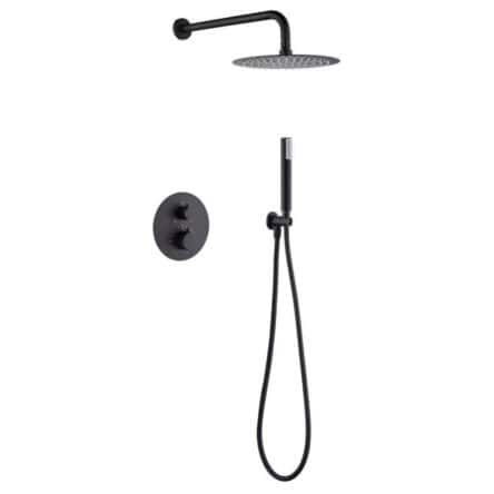 Stilvolles thermostatisches Unterputz-Duschsystem in Mattschwarz, Kopfbrause Ø25 cm und separatem Handbrausenset. Wandanschluss. Erhältlich in 6 Farben und mit 5 Jahren Garantie.