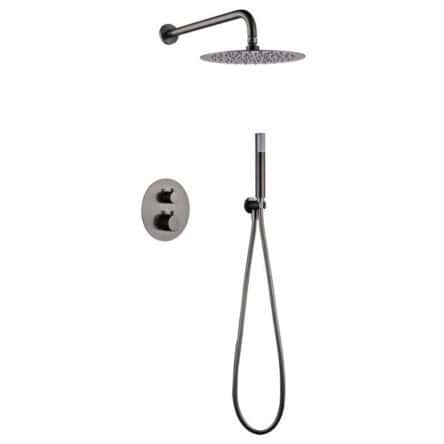 Luxuriöses thermostatisches Unterputz-Duschsystem in Black Gun Metal mit PVD-Beschichtung, Kopfbrause Ø25 cm und separatem Handbrausenset. Wandanschluss. Erhältlich in 6 Farben und mit 5 Jahren Garantie.
