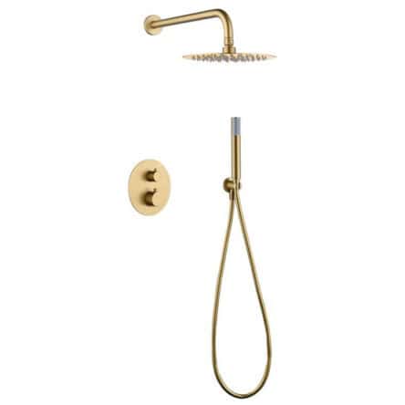 Thermostatisches Unterputz-Duschsystem in gebürstetem Gold mit PVD-Beschichtung, Kopfbrause Ø25 cm und separatem Handbrausenset. Wandanschluss. Erhältlich in 6 Farben und mit 5 Jahren Garantie.