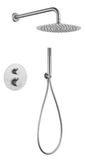 Modernes thermostatisches Unterputz-Duschsystem in gebürstetem Nickel, Kopfbrause Ø25 cm und separatem Handbrausenset. Wandanschluss. Erhältlich in 6 Farben und mit 5 Jahren Garantie.