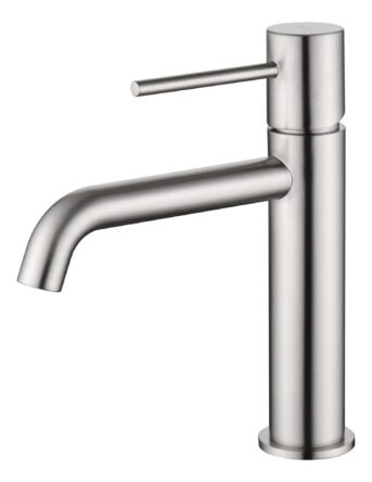Moderne niedrige Waschtischarmatur in Gebürstetes Nickel, passend für Badmöbel mit Waschtisch, als Komplettset inklusive passendem Click-Clack-Verschluss Der Click-Clack-Verschluss lässt sich durch Drücken einfach öffnen und schließen. Mit 5 Jahren Garan