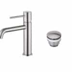 Moderne niedrige Waschtischarmatur in Gebürstetes Nickel, passend für Badmöbel mit Waschtisch, als Komplettset inklusive passendem Click-Clack-Verschluss  Der Click-Clack-Verschluss lässt sich durch Drücken einfach öffnen und schließen. Mit 5 Jahren Garan