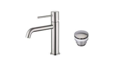 Moderne niedrige Waschtischarmatur in Gebürstetes Nickel, passend für Badmöbel mit Waschtisch, als Komplettset inklusive passendem Click-Clack-Verschluss  Der Click-Clack-Verschluss lässt sich durch Drücken einfach öffnen und schließen. Mit 5 Jahren Garan