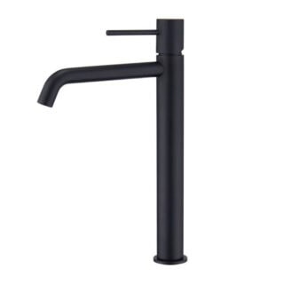 Moderne erhöhte Waschtischarmatur in Schwarz, ideal für Badmöbel mit Aufsatzwaschbecken, als Komplettset inklusive passendem Click-Clack-Verschluss  Der Click-Clack-Verschluss lässt sich durch Drücken einfach öffnen und schließen. Mit 5 Jahren Garantie un