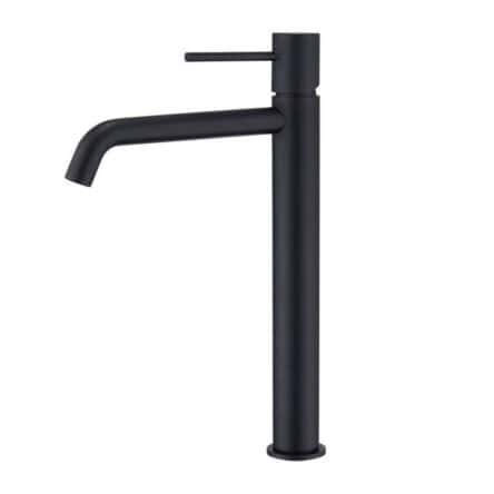 Moderne erhöhte Waschtischarmatur in Schwarz, ideal für Badmöbel mit Aufsatzwaschbecken, als Komplettset inklusive passendem Click-Clack-Verschluss  Der Click-Clack-Verschluss lässt sich durch Drücken einfach öffnen und schließen. Mit 5 Jahren Garantie un