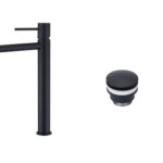 Moderne erhöhte Waschtischarmatur in Schwarz, ideal für Badmöbel mit Aufsatzwaschbecken, als Komplettset inklusive passendem Click-Clack-Verschluss  Der Click-Clack-Verschluss lässt sich durch Drücken einfach öffnen und schließen. Mit 5 Jahren Garantie un