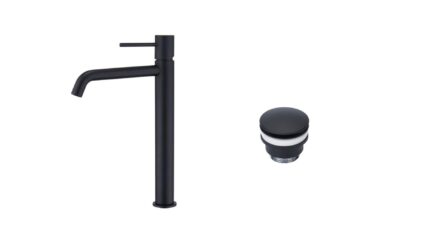 Moderne erhöhte Waschtischarmatur in Schwarz, ideal für Badmöbel mit Aufsatzwaschbecken, als Komplettset inklusive passendem Click-Clack-Verschluss  Der Click-Clack-Verschluss lässt sich durch Drücken einfach öffnen und schließen. Mit 5 Jahren Garantie un