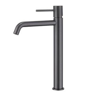 Moderne erhöhte Waschtischarmatur in Black Gun Metal, ideal für Badmöbel mit Aufsatzwaschbecken, als Komplettset inklusive passendem Click-Clack-Verschluss mit langlebiger PVD-Beschichtung. Der Click-Clack-Verschluss lässt sich durch Drücken einfach öffne