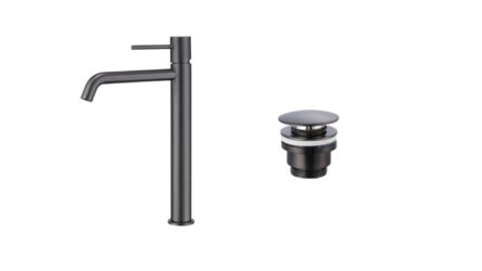 Moderne erhöhte Waschtischarmatur in Black Gun Metal, ideal für Badmöbel mit Aufsatzwaschbecken, als Komplettset inklusive passendem Click-Clack-Verschluss mit langlebiger PVD-Beschichtung. Der Click-Clack-Verschluss lässt sich durch Drücken einfach öffne