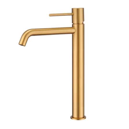 Moderne erhöhte Waschtischarmatur in Gebürstetes Gold, ideal für Badmöbel mit Aufsatzwaschbecken, als Komplettset inklusive passendem Click-Clack-Verschluss mit langlebiger PVD-Beschichtung. Der Click-Clack-Verschluss lässt sich durch Drücken einfach öffn
