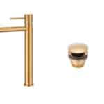 Moderne erhöhte Waschtischarmatur in Gebürstetes Gold, ideal für Badmöbel mit Aufsatzwaschbecken, als Komplettset inklusive passendem Click-Clack-Verschluss mit langlebiger PVD-Beschichtung. Der Click-Clack-Verschluss lässt sich durch Drücken einfach öffn