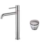 Moderne erhöhte Waschtischarmatur in Gebürstetes Nickel, ideal für Badmöbel mit Aufsatzwaschbecken, als Komplettset inklusive passendem Click-Clack-Verschluss  Der Click-Clack-Verschluss lässt sich durch Drücken einfach öffnen und schließen. Mit 5 Jahren