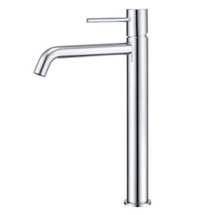 Moderne erhöhte Waschtischarmatur in Chrom, ideal für Badmöbel mit Aufsatzwaschbecken, als Komplettset inklusive passendem Click-Clack-Verschluss. Der Click-Clack-Verschluss lässt sich durch Drücken einfach öffnen und schließen. Mit 5 Jahren Garantie und