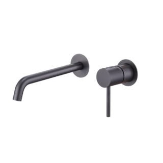 Moderne Waschtischarmatur Wandmontage in Black Gun Metal, für die Montage über Waschtisch oder Aufsatzwaschbecken, als Komplettset inklusive passendem Click-Clack-Verschluss mit langlebiger PVD-Beschichtung. Der Click-Clack-Verschluss lässt sich durch Drü