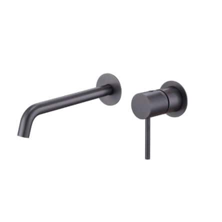 Moderne Waschtischarmatur Wandmontage in Black Gun Metal, für die Montage über Waschtisch oder Aufsatzwaschbecken, als Komplettset inklusive passendem Click-Clack-Verschluss mit langlebiger PVD-Beschichtung. Der Click-Clack-Verschluss lässt sich durch Drü