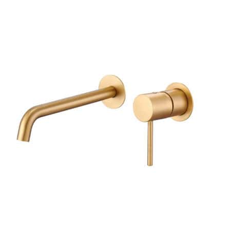Moderne Waschtischarmatur Wandmontage in Gebürstetes Gold, für die Montage über Waschtisch oder Aufsatzwaschbecken, als Komplettset inklusive passendem Click-Clack-Verschluss mit langlebiger PVD-Beschichtung. Der Click-Clack-Verschluss lässt sich durch Dr