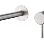 Moderne Waschtischarmatur Wandmontage in Gebürstetes Nickel, für die Montage über Waschtisch oder Aufsatzwaschbecken, als Komplettset inklusive passendem Click-Clack-Verschluss  Der Click-Clack-Verschluss lässt sich durch Drücken einfach öffnen und schlie