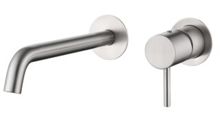 Moderne Waschtischarmatur Wandmontage in Gebürstetes Nickel, für die Montage über Waschtisch oder Aufsatzwaschbecken, als Komplettset inklusive passendem Click-Clack-Verschluss  Der Click-Clack-Verschluss lässt sich durch Drücken einfach öffnen und schlie
