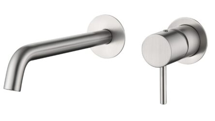 Moderne Waschtischarmatur Wandmontage in Gebürstetes Nickel, für die Montage über Waschtisch oder Aufsatzwaschbecken, als Komplettset inklusive passendem Click-Clack-Verschluss  Der Click-Clack-Verschluss lässt sich durch Drücken einfach öffnen und schlie