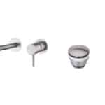 Moderne Waschtischarmatur Wandmontage in Gebürstetes Nickel, für die Montage über Waschtisch oder Aufsatzwaschbecken, als Komplettset inklusive passendem Click-Clack-Verschluss  Der Click-Clack-Verschluss lässt sich durch Drücken einfach öffnen und schlie