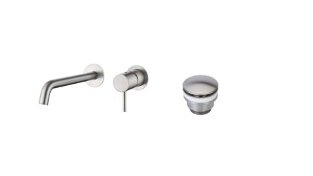 Moderne Waschtischarmatur Wandmontage in Gebürstetes Nickel, für die Montage über Waschtisch oder Aufsatzwaschbecken, als Komplettset inklusive passendem Click-Clack-Verschluss  Der Click-Clack-Verschluss lässt sich durch Drücken einfach öffnen und schlie