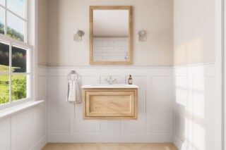 Wandhängendes Badezimmermöbel 70 cm aus Natureiche mit Landhausfront und Keramikwaschtisch