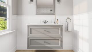Klassischer Waschtischunterschrank 100 cm in Manor House Grey mit Keramikwaschtisch und 2 Schubladen