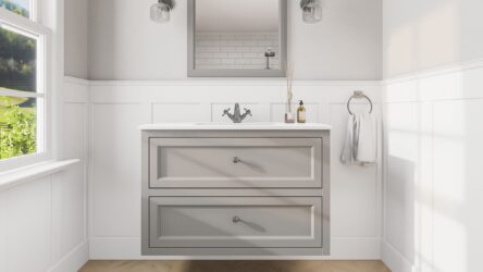Klassischer Waschtischunterschrank 100 cm in Manor House Grey mit Keramikwaschtisch und 2 Schubladen