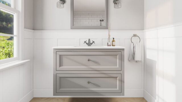 Klassischer Waschtischunterschrank 100 cm in Manor House Grey mit Keramikwaschtisch und 2 Schubladen