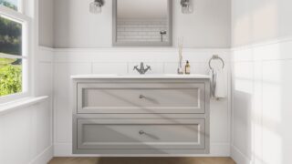 Klassischer Waschtischunterschrank 120 cm in Manor House Grey mit Keramikwaschtisch und 2 Schubladen
