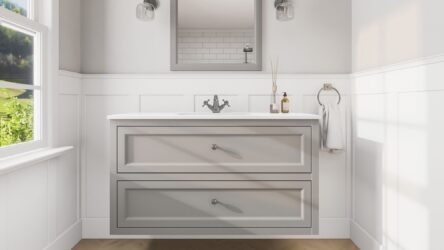 Klassischer Waschtischunterschrank 120 cm in Manor House Grey mit Keramikwaschtisch und 2 Schubladen