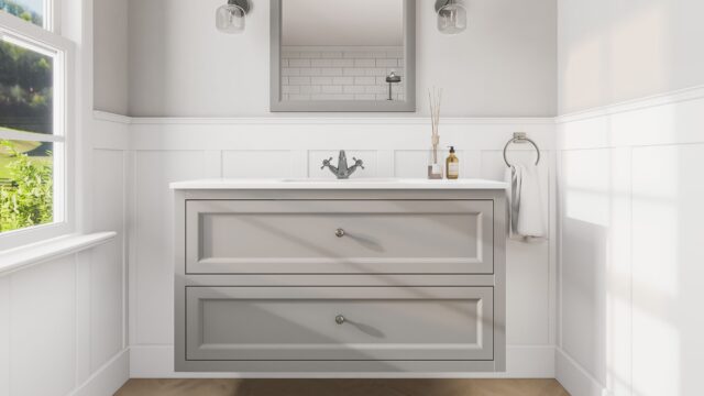 Klassischer Waschtischunterschrank 120 cm in Manor House Grey mit Keramikwaschtisch und 2 Schubladen