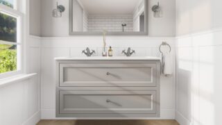 Landhaus-Badezimmermöbel 120 cm in Manor House Grey mit Doppel-Keramikwaschtisch und 2 Schubladen