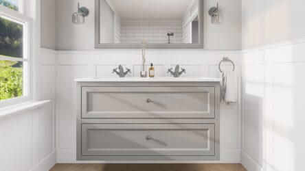 Landhaus-Badezimmermöbel 120 cm in Manor House Grey mit Doppel-Keramikwaschtisch und 2 Schubladen
