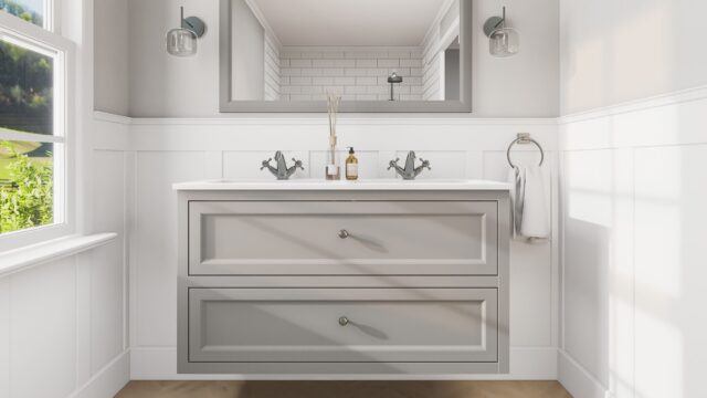Landhaus-Badezimmermöbel 120 cm in Manor House Grey mit Doppel-Keramikwaschtisch und 2 Schubladen
