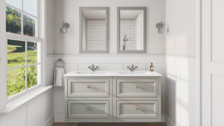 Klassischer Waschtischunterschrank 140 cm in Manor House Grey mit Keramikwaschtisch und 2 Schubladen