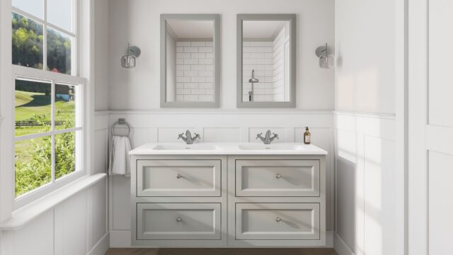 Klassischer Waschtischunterschrank 140 cm in Manor House Grey mit Keramikwaschtisch und 2 Schubladen
