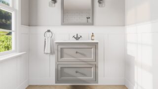Klassischer Waschtischunterschrank 70 cm in Manor House Grey mit Keramikwaschtisch und 2 Schubladen
