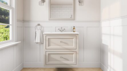 Klassischer Waschtischunterschrank 70 cm in Skimming Stone mit Keramikwaschtisch und 2 Schubladen