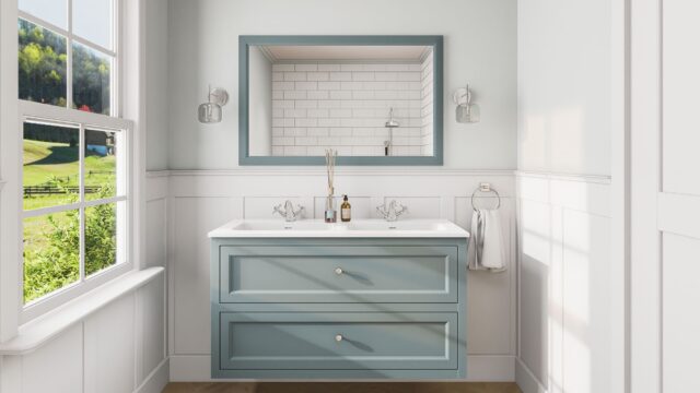 Landhaus-Badezimmermöbel 120 cm in Oval Room Blue mit Doppel-Keramikwaschtisch und 2 Schubladen