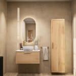 Wandhängendes Badezimmermöbel 80 cm aus Natureiche mit eine Schublade und weißes Solid-Surface-Aufsatzbecken